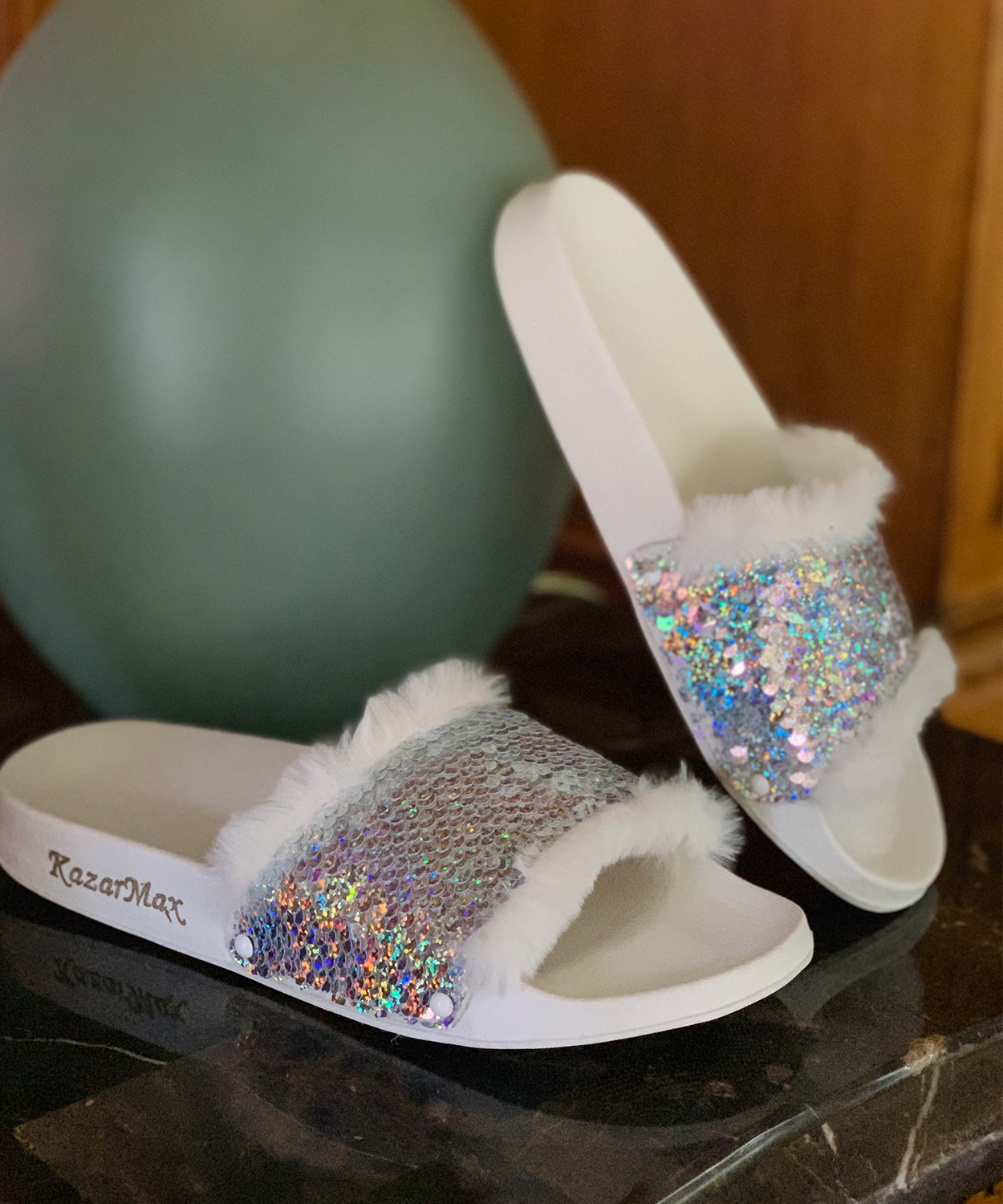 Teen Girls Silver & White Beaded & Feathered Sequin PU Slides