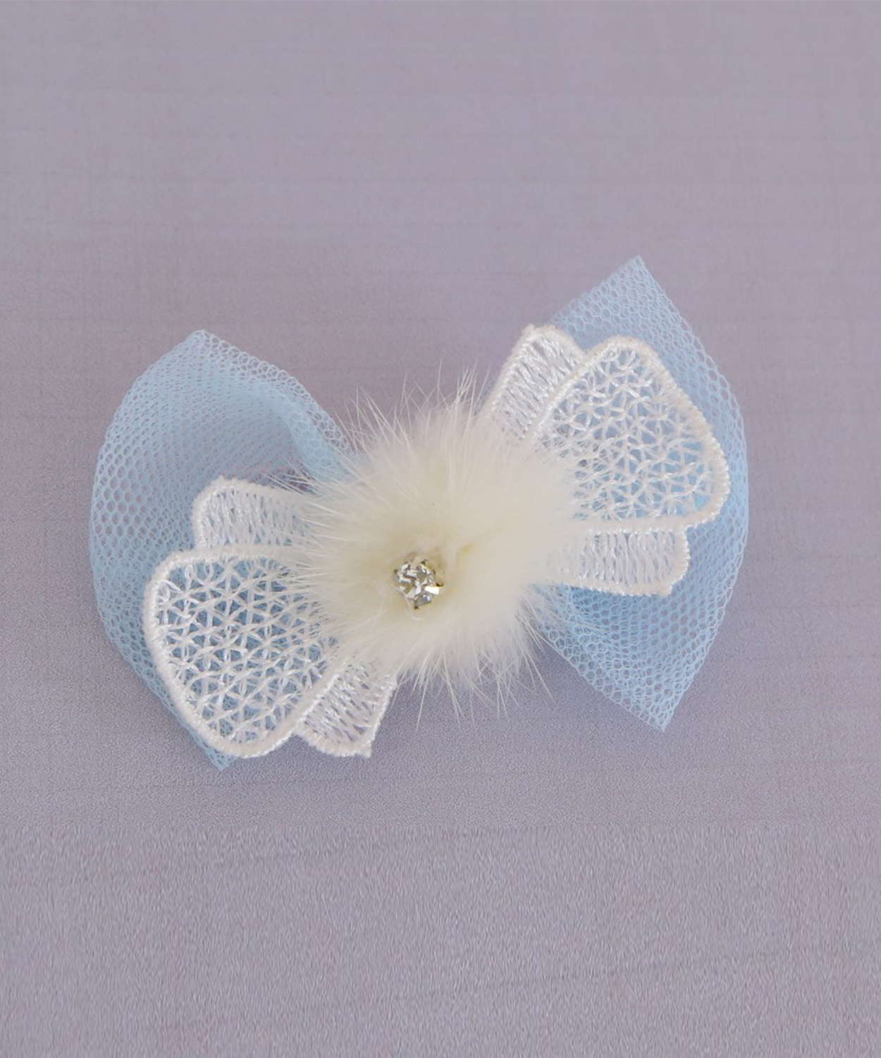 White Bow Hair Clip With Furry Pompom And Swaroski For Kids