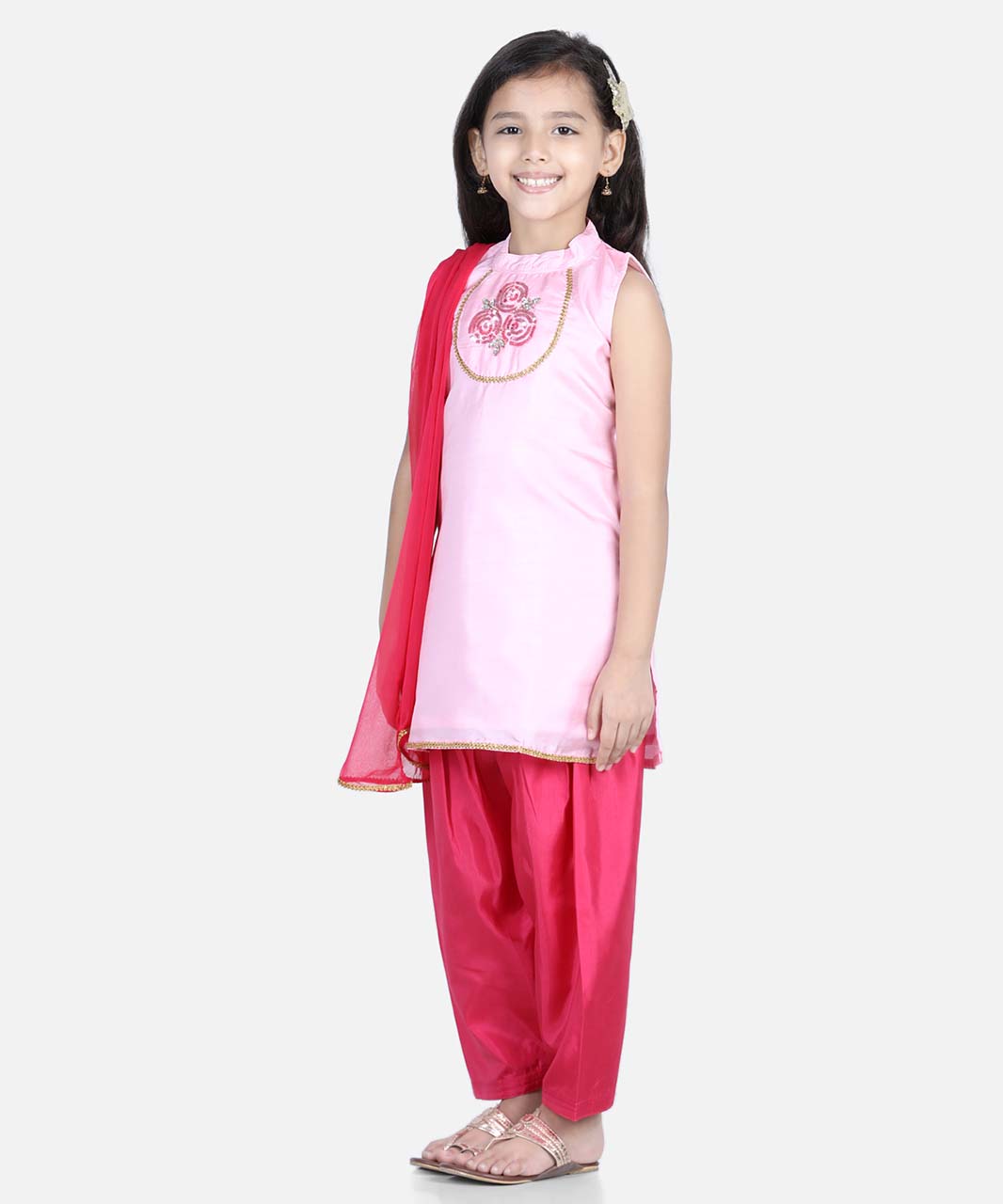 Buy BownBee Hand Embroidered Silk Kurti Salwar for Girls-Pink Online ...