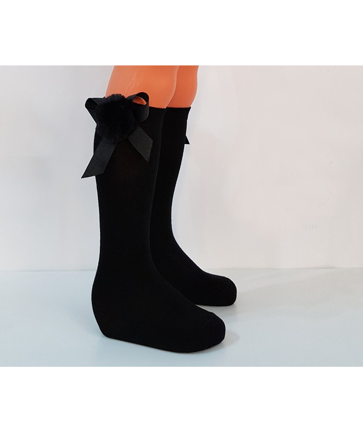 Girls Black Knee Length Sock With Pom Pom And Ribbon