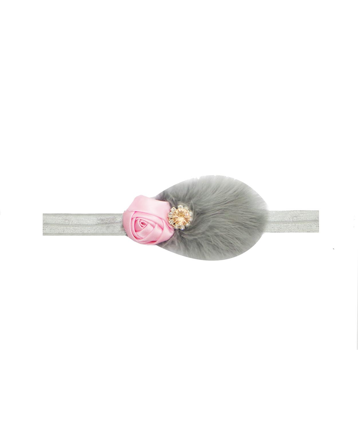 Pink Satin Rose With Grey Fur Soft Elastic Headband
