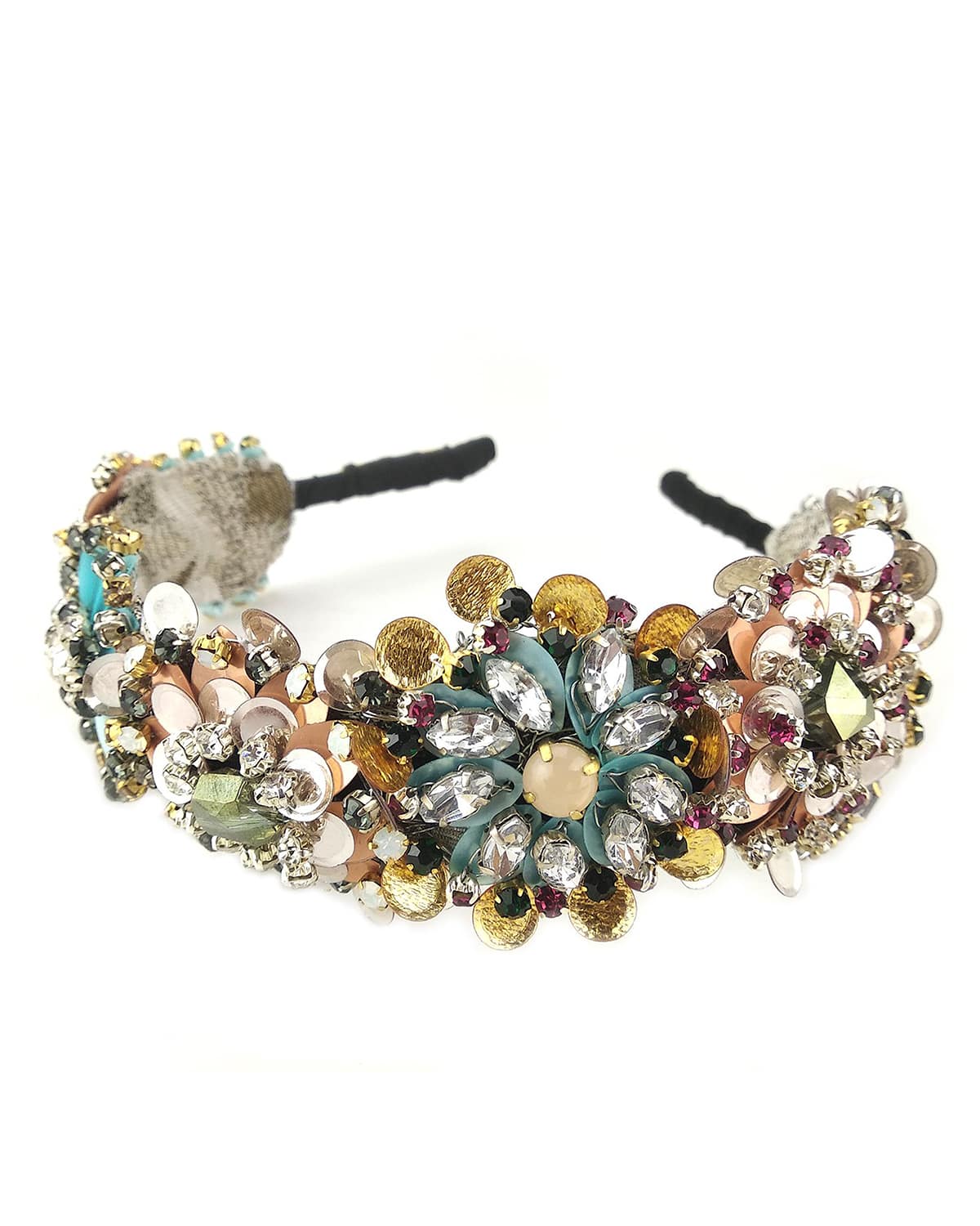 Multicolor Crystals, Sequins, Beads and fabric Embellished floral partywear Hairband