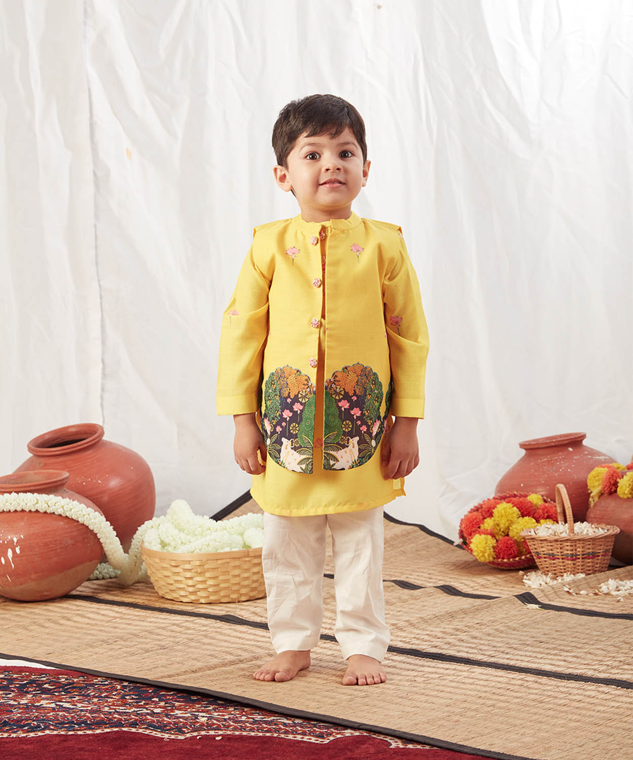 Yellow Pichwai Kurta Bandi Set With Pyjama