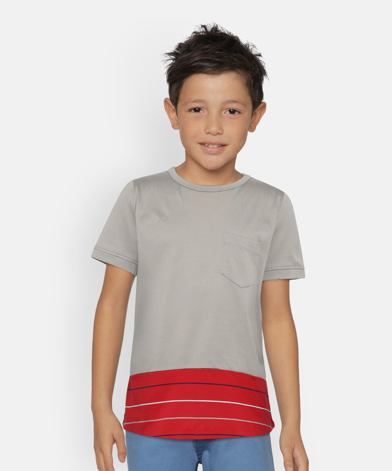 Grey Red Colourblock Round Neck Mercerised Cotton T-Shirt