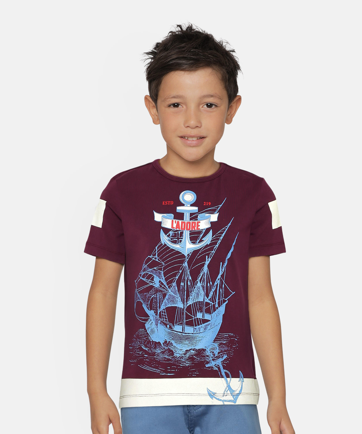 Boys Purple Sailboat Printed Round Neck Cotton T-Shirt