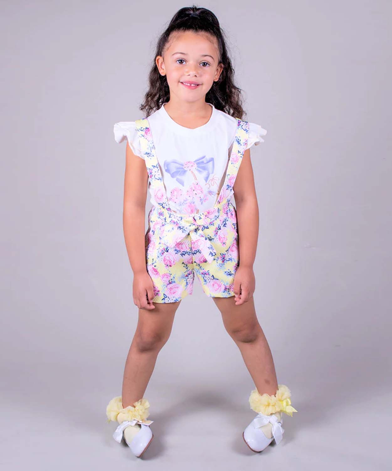 Girls 2 Piece Set T-shirt With Lemon And Pink Floral Dungaree Shorts