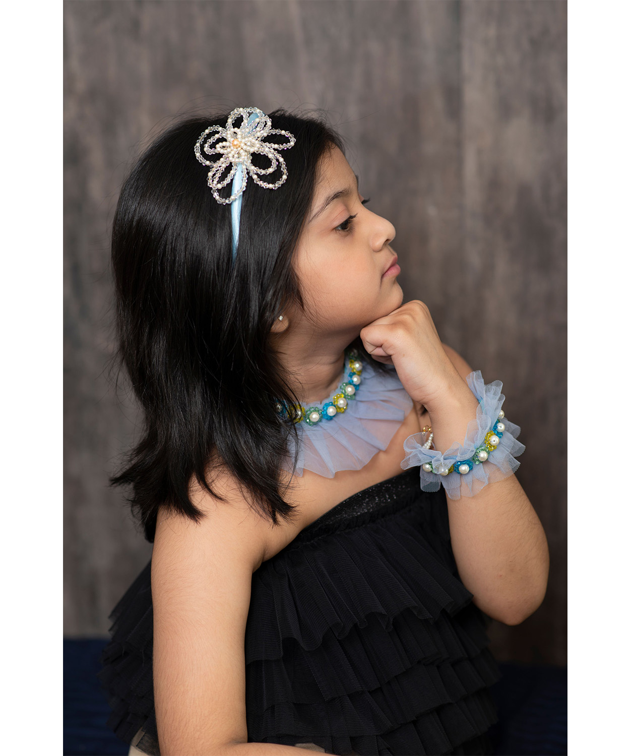 Blue Floral Beady Headband with Pearls