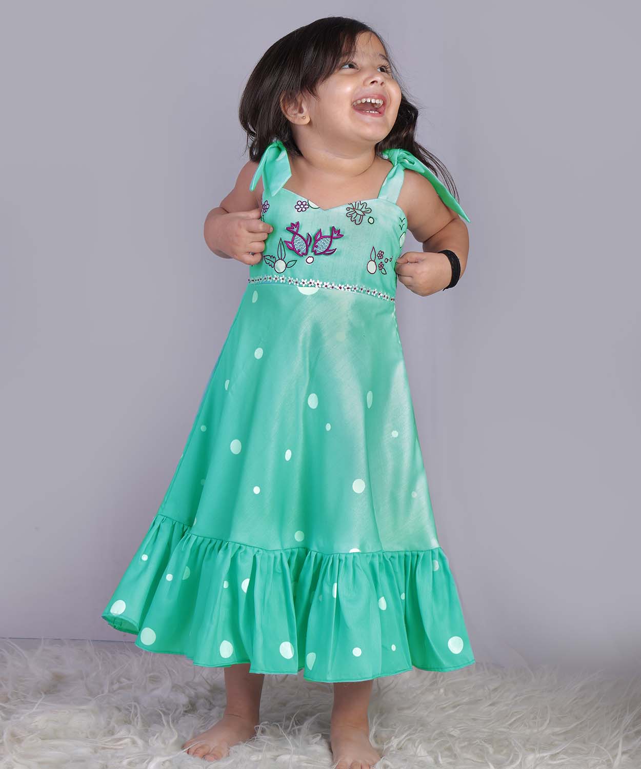 Sea Green Tie Up Dress With Embroidery