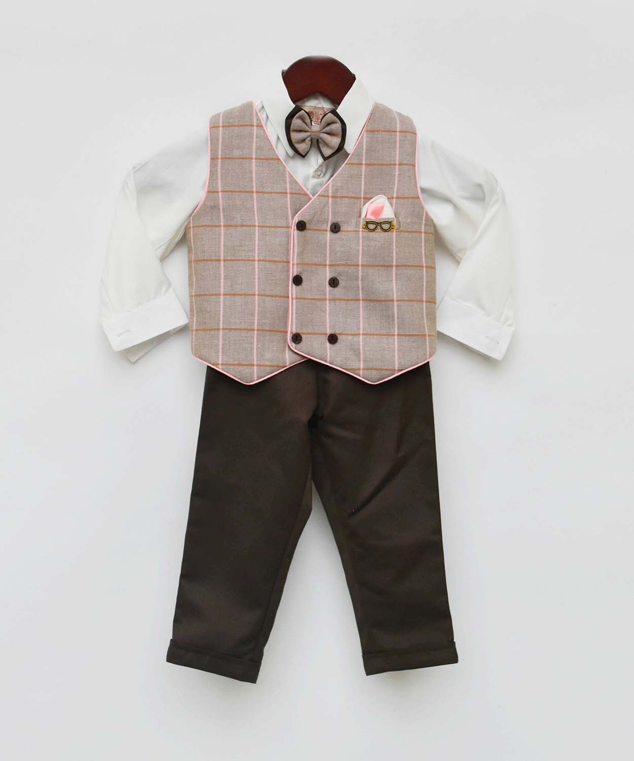 Dusty Brown Check Waist Coat With White Shirt And Pant 