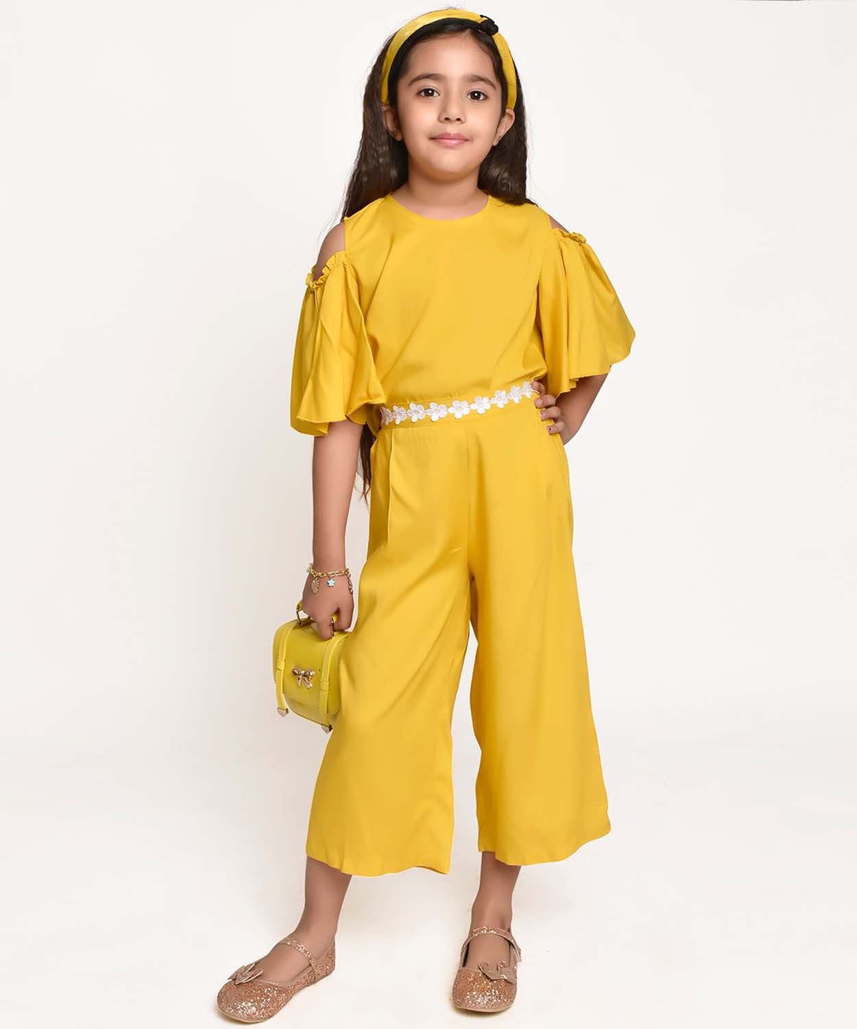 Jelly Jones Lace Emblished Culotte With Cold Shoulder Top-Yellow