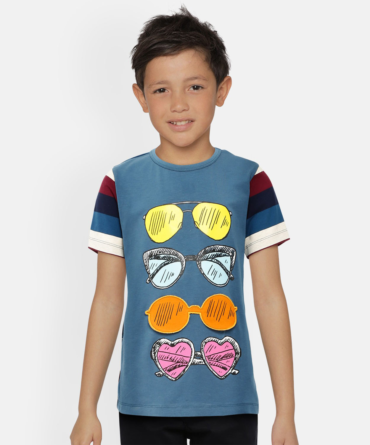 Kids Blue Half Sleeves Sunglasses Cotton T-Shirt
