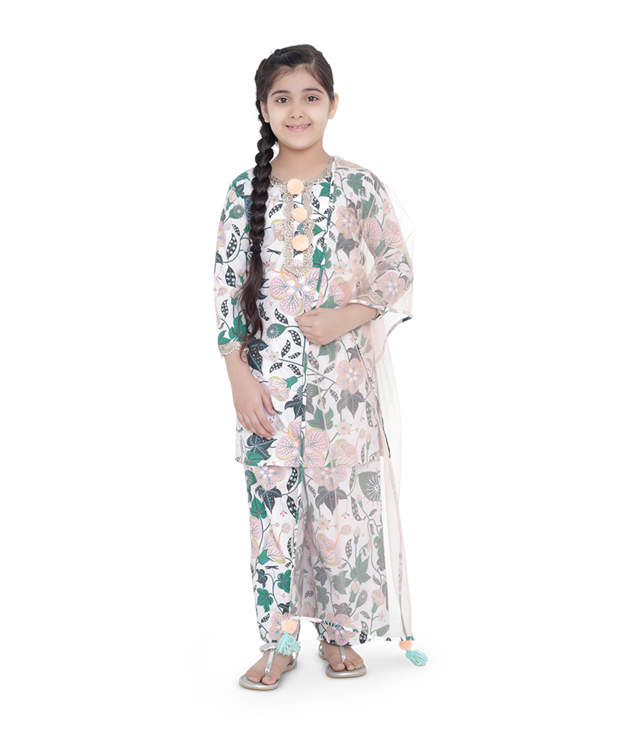 PS Kids White Colour Printed Cotton Kurta With Palazzo And Blush Colour Net Dupatta For Girls