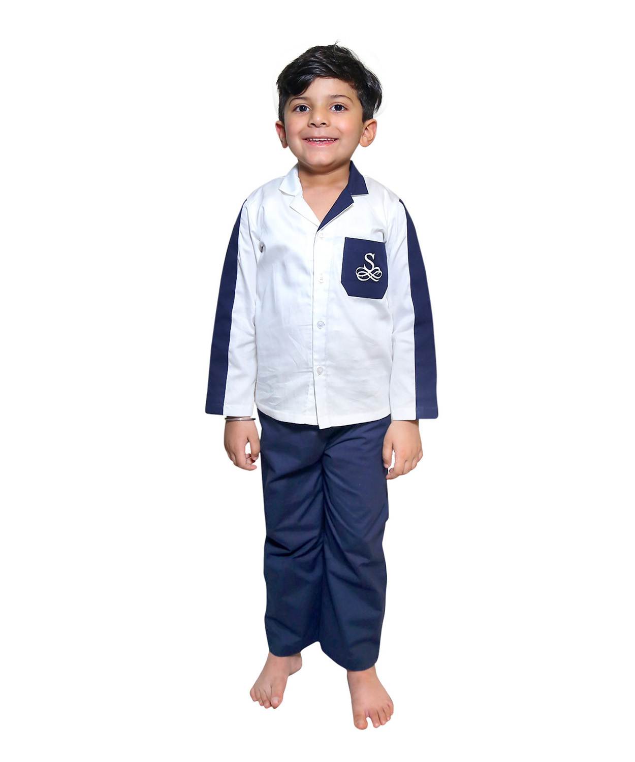 Personalised White Blue Color Block Night Suit