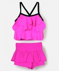 Girls Solid Pink Ruffled Swimsuit Set