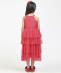 Jelly Jones Layred Gown With Neck Pearl & Hair Band-Coral Pink 