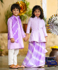 Purple Kurta With White Churidar And Lehariya Jacket