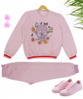 Skull And Floral Embroidered On Pink Jogger Set With Contrast Rib 