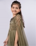 Tasselled Neck Pintucked Bubble Pleated Caped Anarkali with Chridaar