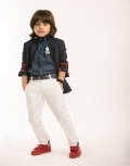 Dark Blue Jacket with Red Stripe Detail Ivory Trouser