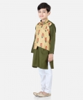 Printed Attached Jacket Cotton Kurta Pajama For Boys- Green