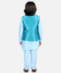 Assymetric Kurta Pajama with Jacquard Jacket-Blue