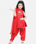 BownBee Hand Embroidered Silk Kurti Salwar for Girls-Red