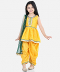 BownBee Bandhani Silk Peplum Style Kurti Dhoti Dupatta for Girls-Yellow