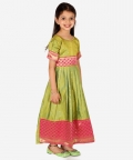 Ethnic Silk Booti Party Dress Gown For Girls- Green