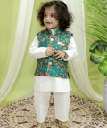 Kalamkari Print Jacket With Kurta Pajama For Boys- Green