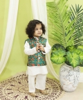 Kalamkari Print Jacket With Kurta Pajama For Boys- Green