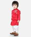 Hand Embroidered Jam Cotton Sherwani Salwar For Boys- Red