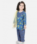 Pure Cotton Kurti With Pant & Dupatta For Girls- Blue
