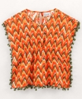 Girls Printed Cotton Kaftan With Pompom Tops - Orange
