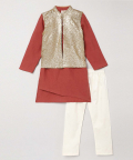 Linen Asymmetric Hem kurta With Gold Sequins Vest Coat And Pyjama