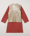 Linen Asymmetric Hem kurta With Gold Sequins Vest Coat And Pyjama