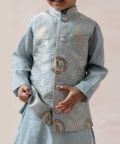 Mist Greyish Brocade Silk Nehru Jacket With Kurta And Pyjama