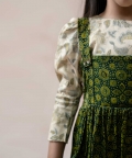 Forest Green Ajrakh Print Frock With Green Beige Crop Top