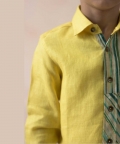 Canary Yellow Linen Shirt With Tones Of Green Panels