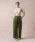 Crop Top With Forest And Mustard Ajrak Print Pleated Pants