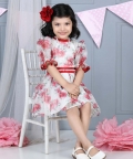 Organza Red Rose Dress With Pearl Belt
