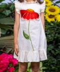 Big Flower Embroidery Beige Cotton Dress