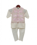 Pink Embroidered Jacket With Offwhite Kurti And Churidar