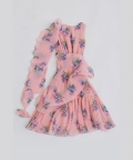 Peach Pleated Georgette Print Dress