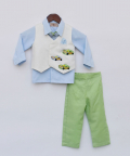 Off White Waist Coat And Blue Shirt Green Pant