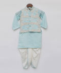Off White Thread Embroidery Jacket And Blue Kurta Dhoti
