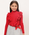 One Friday Red Solid Sweater For Kids Girls