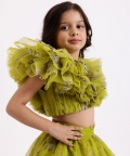 Green Printed Drape Blouse Top With Lehenga Skirt