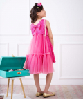 Fuchsia Crepe Printed A Line Dress With Statement Tulle Back