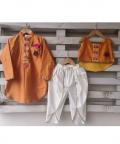 Orange And White Lotus Embroidered High-Low Top With Off-White Inverted Dhoti