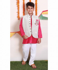 Off White And Pink Embroidered Kurta Set With Nehru Jacket